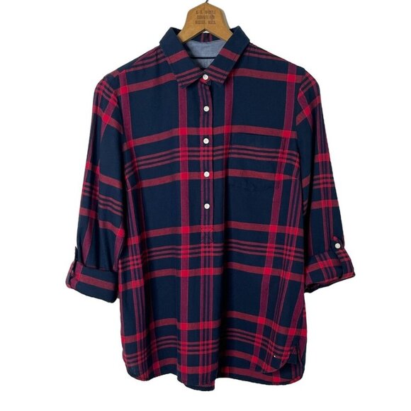 Tommy Hilfiger Women's 1/4 Button Shirt M Plaid Flannel Blue Red Roll Tab Sleeve - Picture 1 of 10